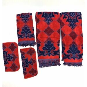 Fashion Manor 5pc Vtg Bath Towel/Washcloth/HandTowel Set/BlueRed/60s-70's/Fringe